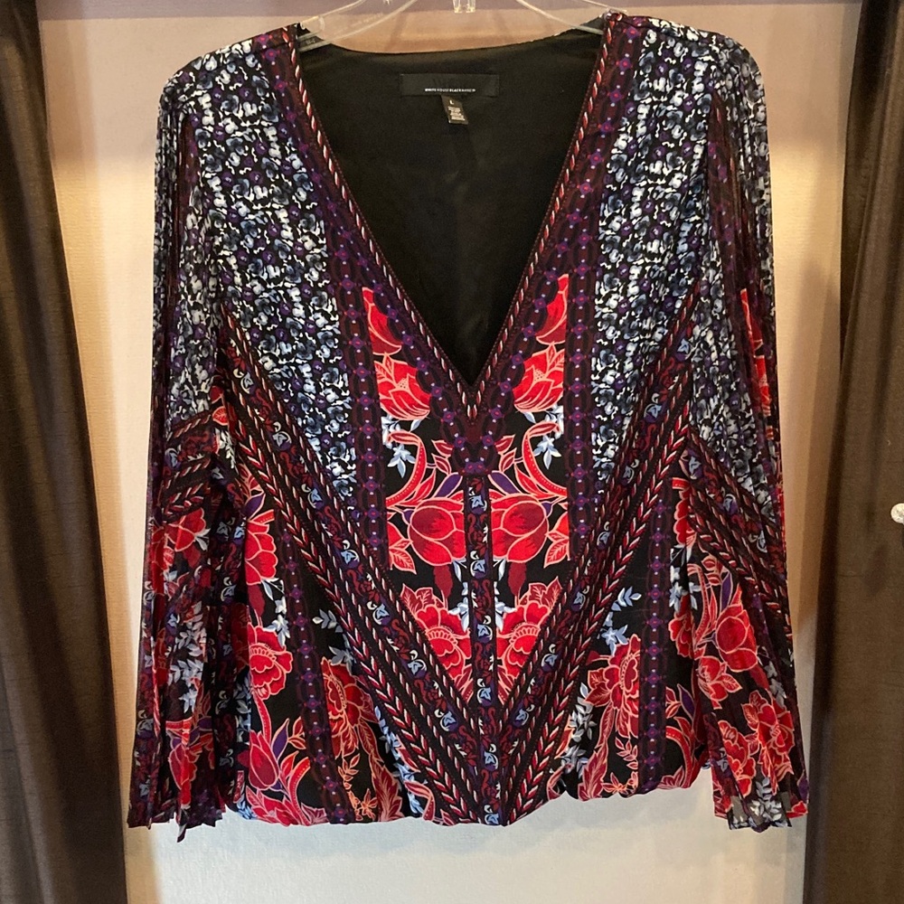 WHBM- beautiful, flowy red, black blouse- with hints of blue and purple colors